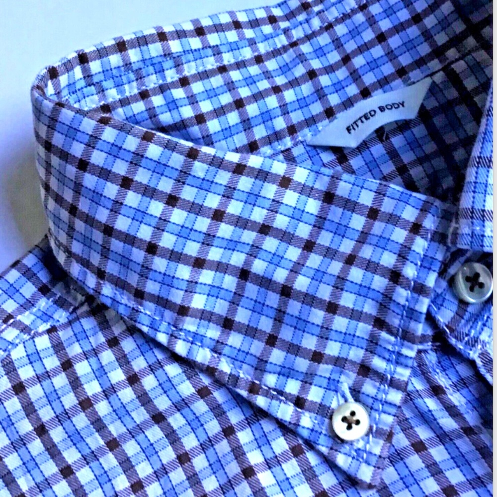 Stenstroms fitted body blue &. Brown checkered cotton dress shirt Sz M